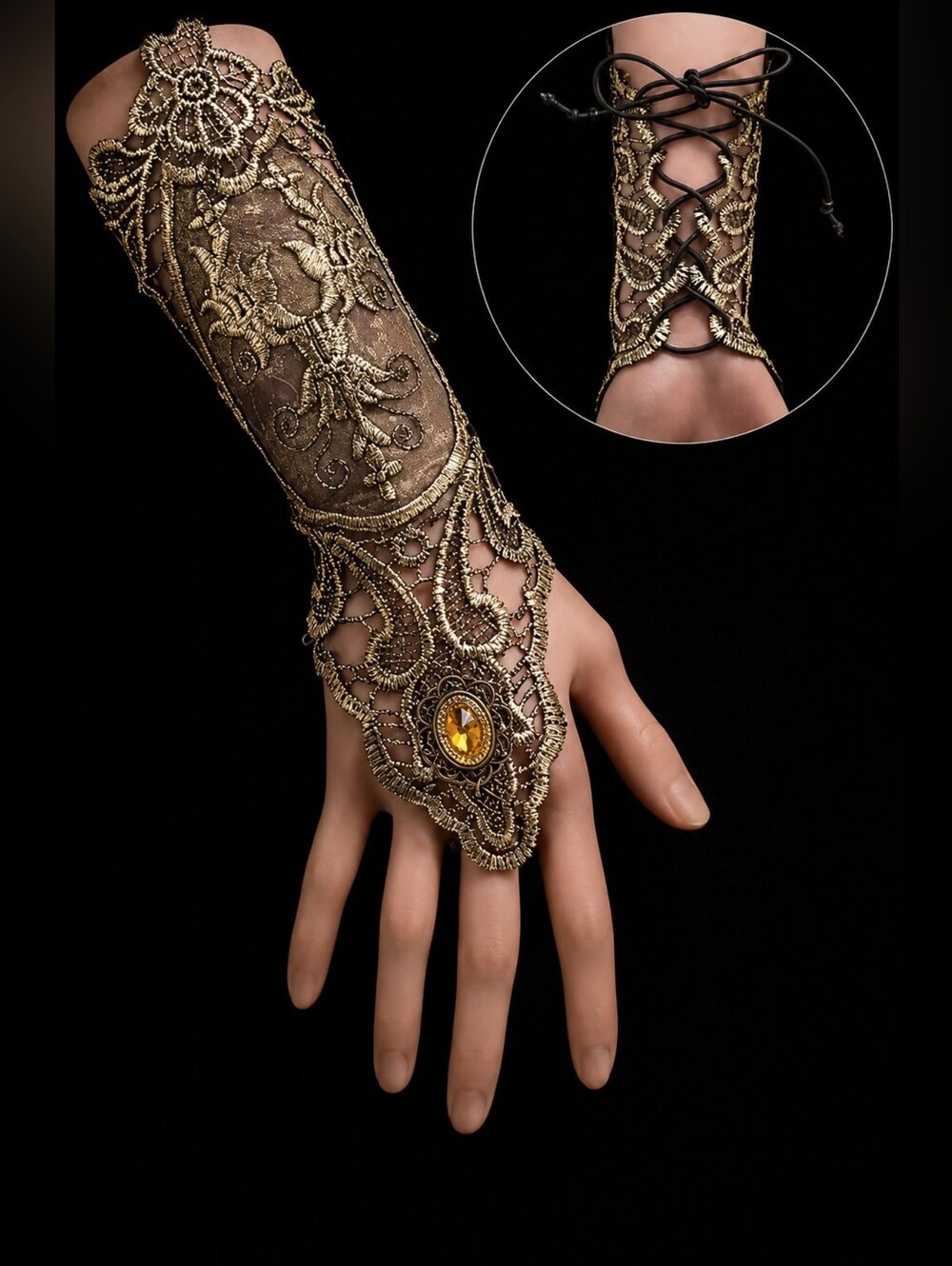 Gold Beaded Lace Fingerless Glove with Amber Accent.- Only For One Hand - Picture 1 of 5